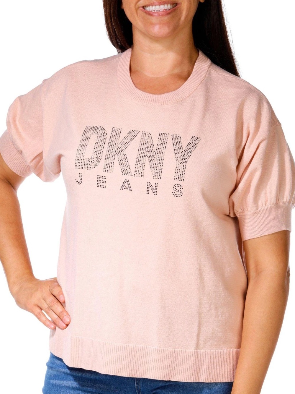 NWT Dkny Pink Short Sleeve Rhinestone Logo Tee Size 1X